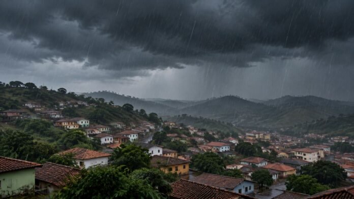 Ilustração de céu escuro com chuva forte sobre casas de uma cidade entre morros