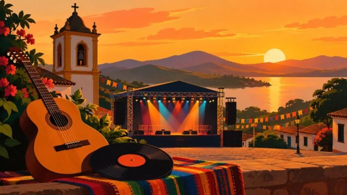 Ilustração gerada por inteligência artificial com palco, violão, disco de vinil e igreja ao pôr do sol