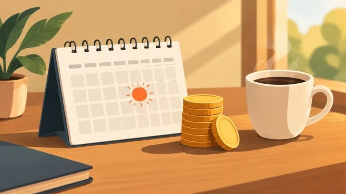 Ilustração gerada por inteligência artificial: calendário com dia destacado, moedas e xícara de café